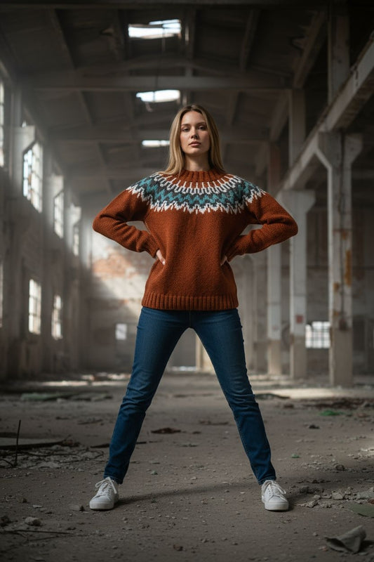 Burnt Orange Yoke Jumper Unisex – Rust Knit with Teal and White Fair Isle Pattern