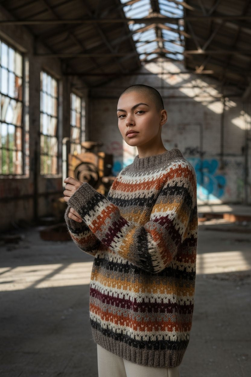 Mehrfarbig gestreifter Unisex-Pullover – Retro-Strickpullover im Fair-Isle-Stil