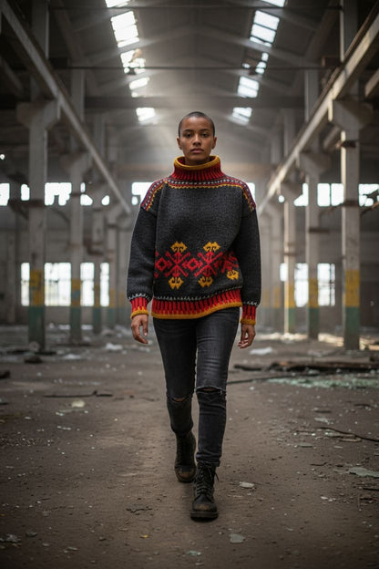 Unisex Patterned Jumper – Dark Grey with Red/Gold Yoke and Jacquard Motifs