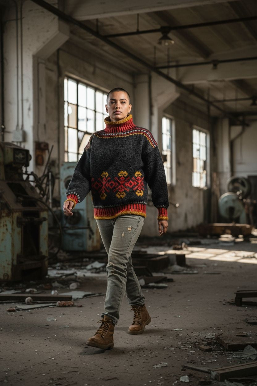 Unisex Patterned Jumper – Dark Grey with Red/Gold Yoke and Jacquard Motifs
