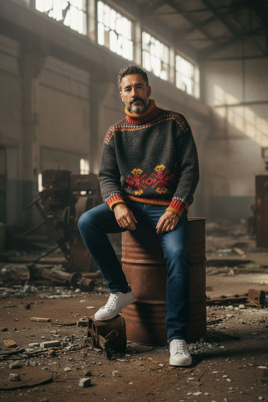 Unisex Patterned Jumper – Dark Grey with Red/Gold Yoke and Jacquard Motifs