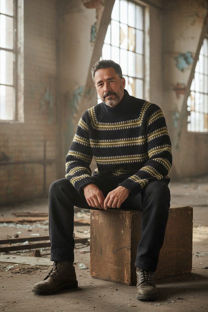 Black Knit Roll Neck Jumper – Subtle Stripe with Gold and Olive Green Fair Isle