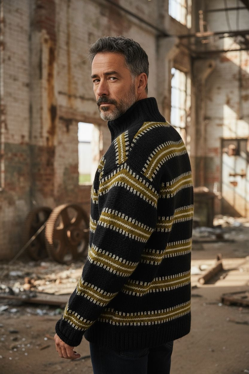Black Knit Roll Neck Jumper – Subtle Stripe with Gold and Olive Green Fair Isle