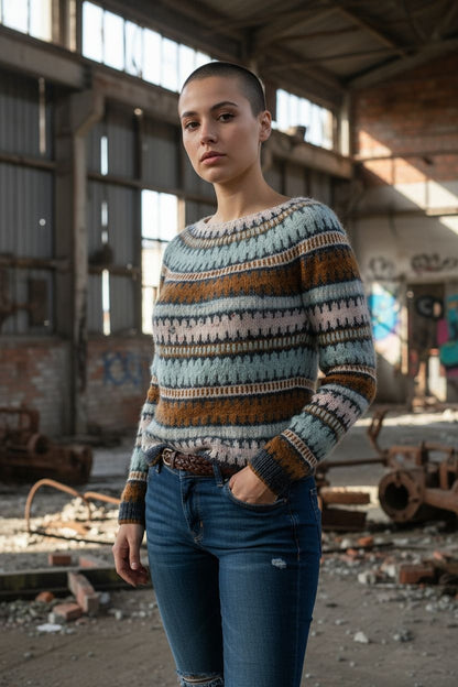 Πολύχρωμο Ριγέ Πουλόβερ Unisex – Retro Fair Isle Πλεκτό Πουλόβερ με Ζώνη