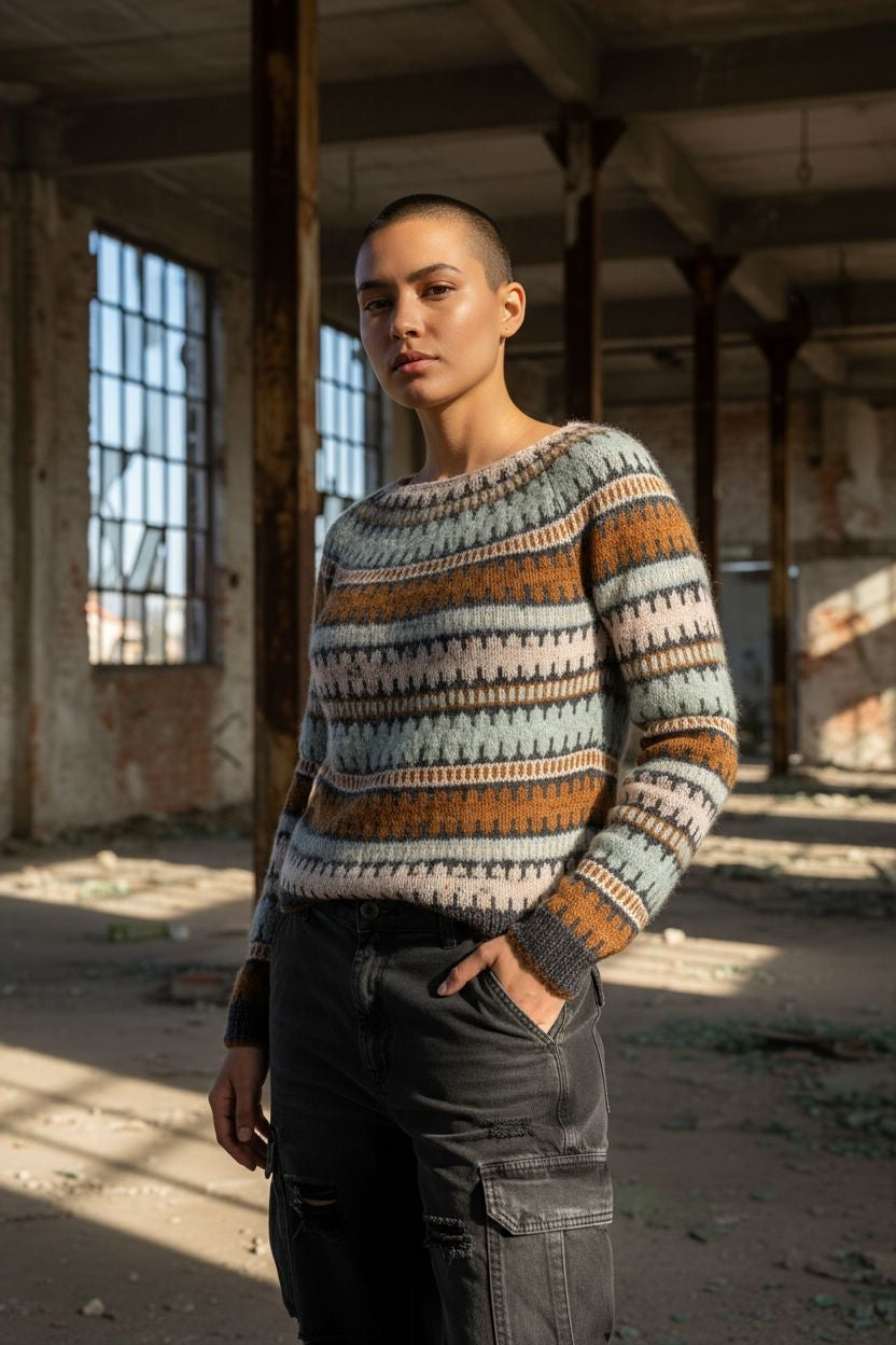 Πολύχρωμο Ριγέ Πουλόβερ Unisex – Retro Fair Isle Πλεκτό Πουλόβερ με Ζώνη