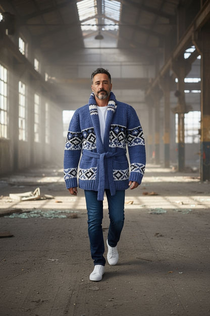 Button-Up Fair Isle Cardigan Unisex – Grey/Brown Wool Blend with Yoke Pattern