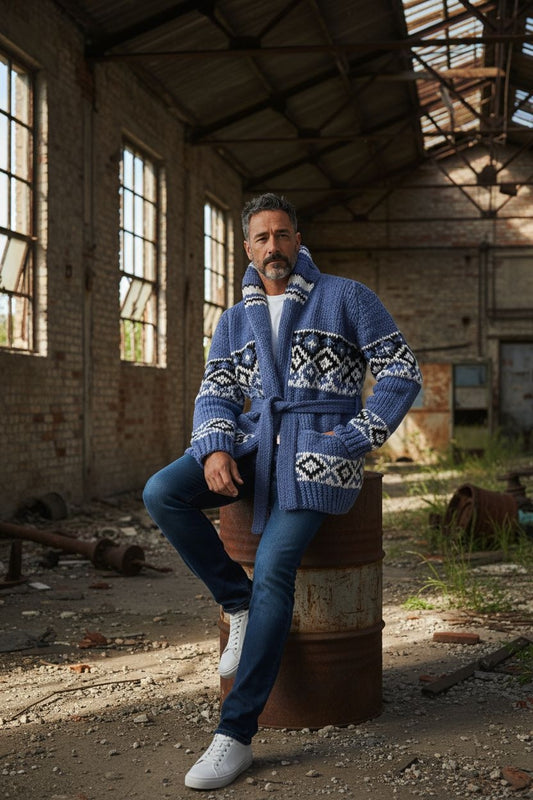 Button-Up Fair Isle Cardigan Unisex – Grey/Brown Wool Blend with Yoke Pattern