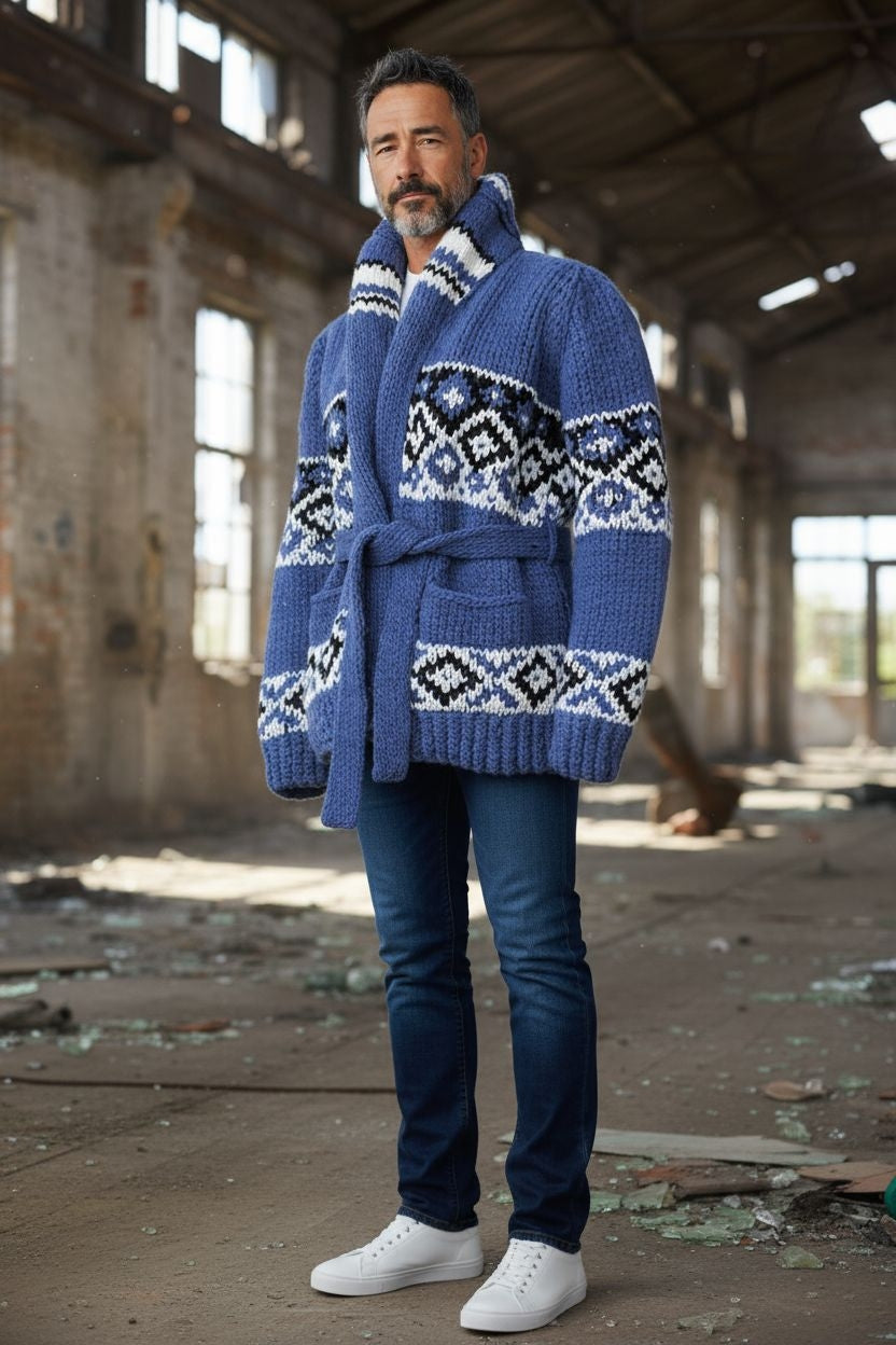 Button-Up Fair Isle Cardigan Unisex – Grey/Brown Wool Blend with Yoke Pattern