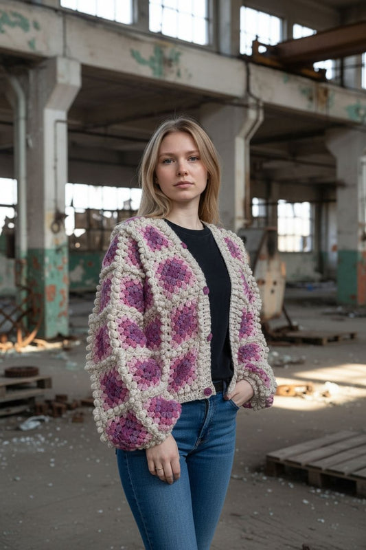 Chunky Crochet Cardigan – Oversized Granny Square Knit in Pink and Beige