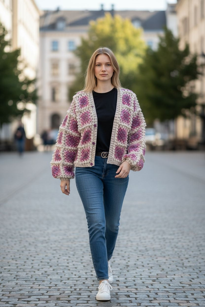 Chunky Crochet Cardigan – Oversized Granny Square Knit in Pink and Beige