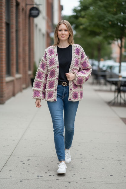 Chunky Crochet Cardigan – Oversized Granny Square Knit in Pink and Beige