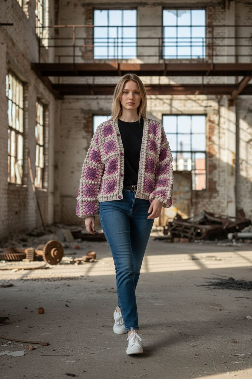 Chunky Crochet Cardigan – Oversized Granny Square Knit in Pink and Beige