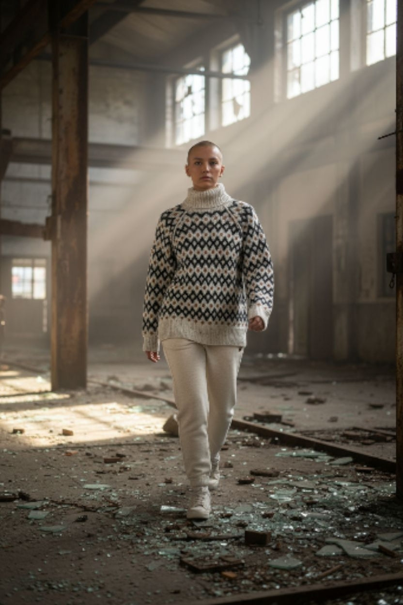 Unisex Fair Isle Roll Neck Sweater – Light Grey/Beige Knit with Nordic Pattern