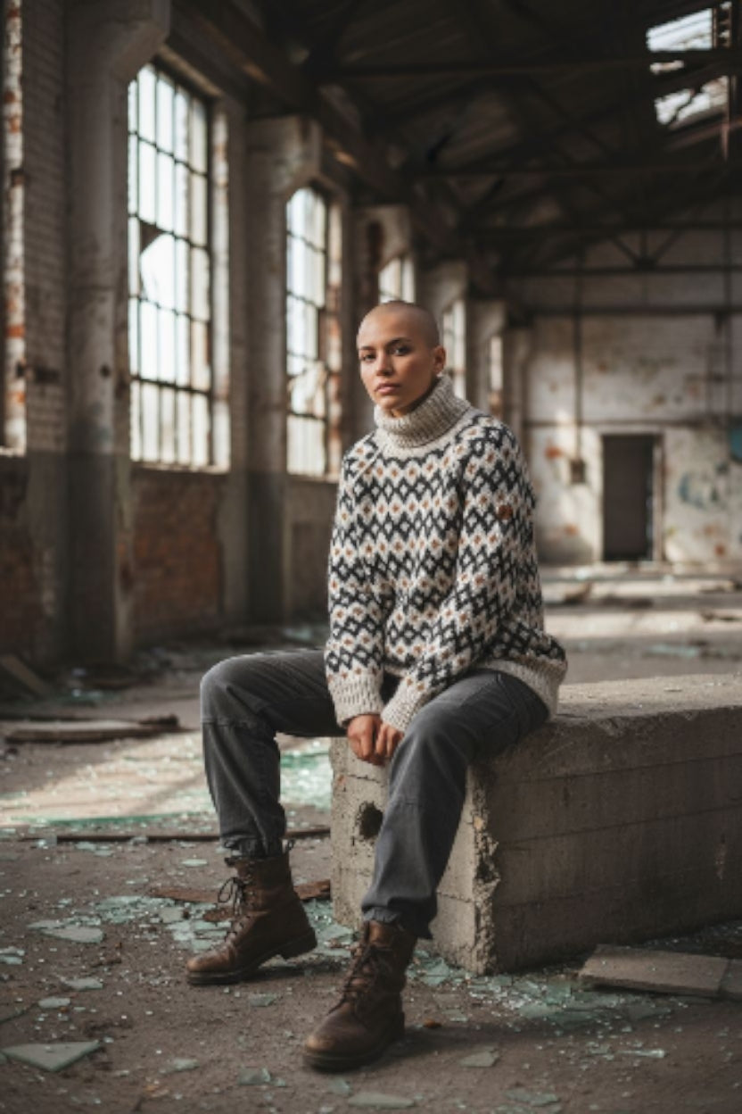 Unisex Fair Isle Roll Neck Sweater – Light Grey/Beige Knit with Nordic Pattern