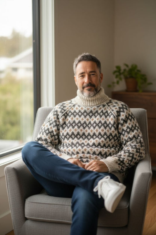 Unisex Fair Isle Roll Neck Sweater – Light Grey/Beige Knit with Nordic Pattern