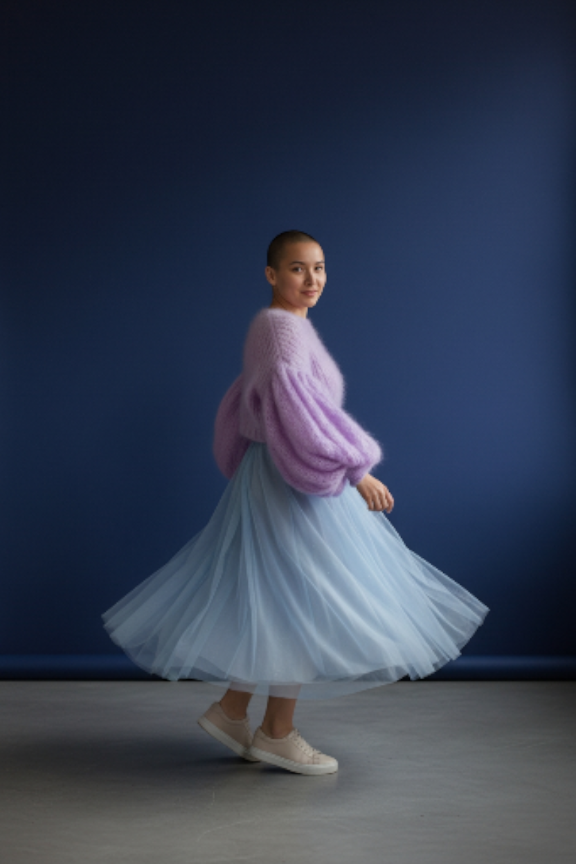 Πουλόβερ με φαρδιά μανίκια από μοχέρ – Ανοιχτόχρωμο πλεκτό σε χρώμα λεβάντας με ογκώδη μανίκια με φούσκες