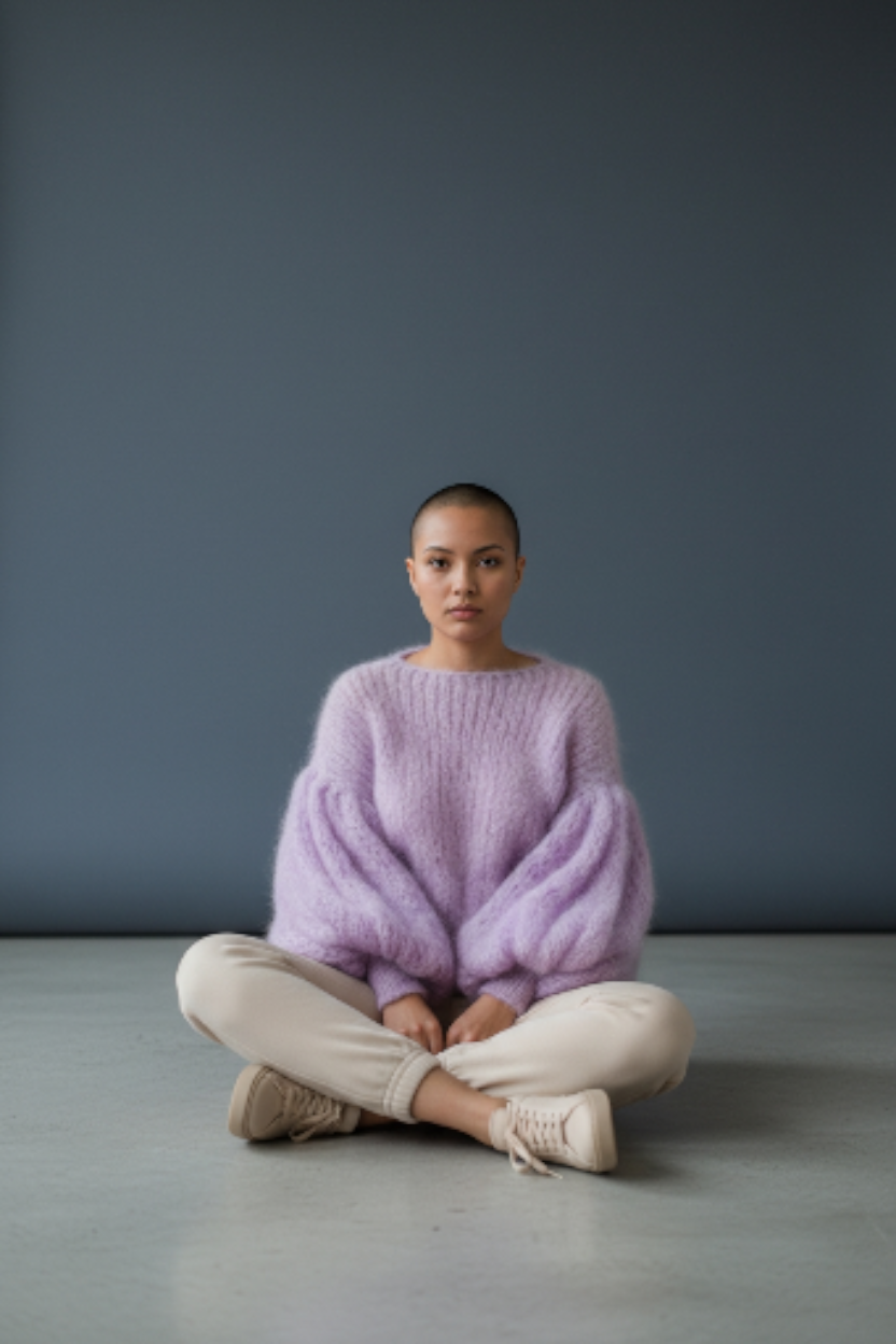 Πουλόβερ με φαρδιά μανίκια από μοχέρ – Ανοιχτόχρωμο πλεκτό σε χρώμα λεβάντας με ογκώδη μανίκια με φούσκες