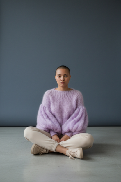 Πουλόβερ με φαρδιά μανίκια από μοχέρ – Ανοιχτόχρωμο πλεκτό σε χρώμα λεβάντας με ογκώδη μανίκια με φούσκες