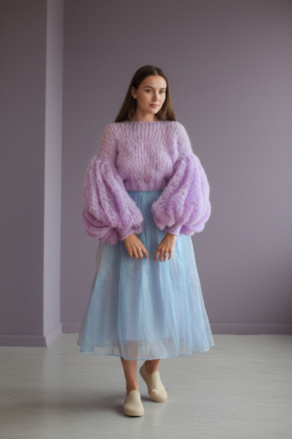 Πουλόβερ με φαρδιά μανίκια από μοχέρ – Ανοιχτόχρωμο πλεκτό σε χρώμα λεβάντας με ογκώδη μανίκια με φούσκες