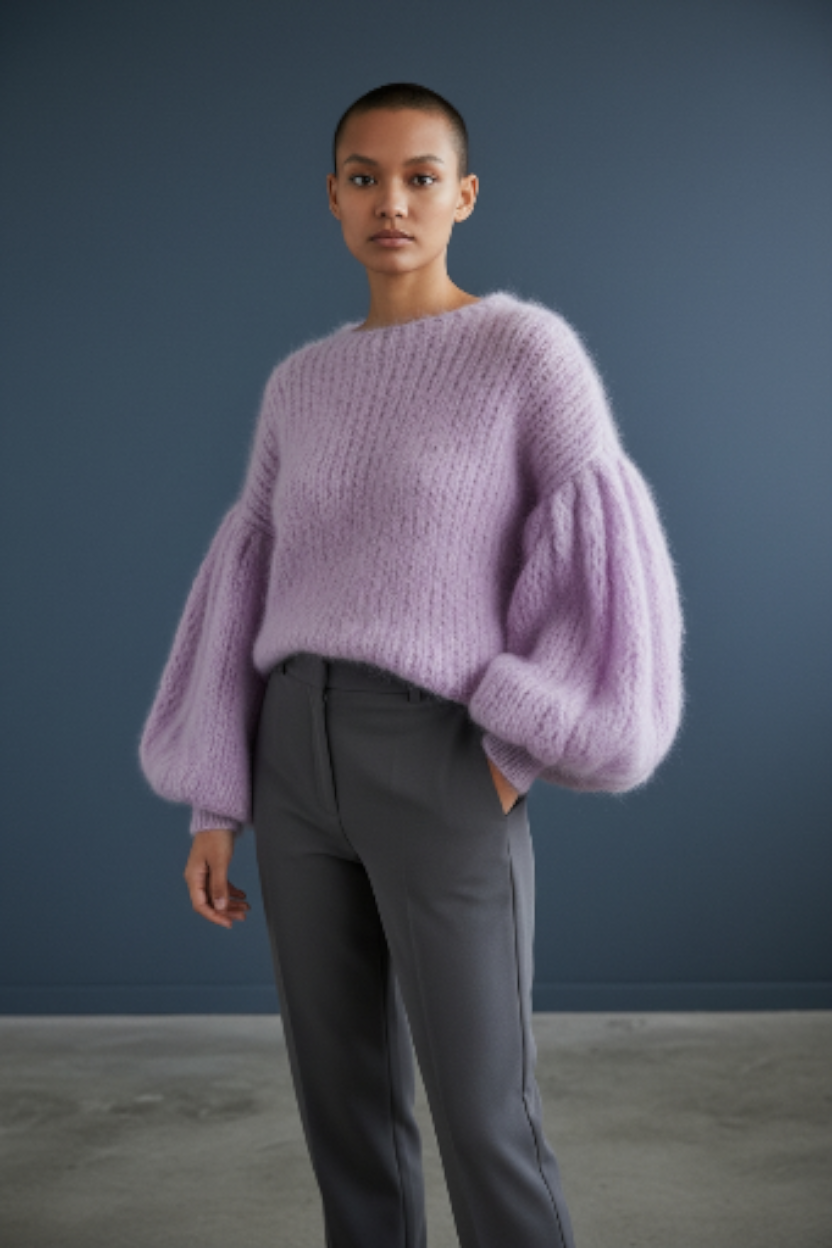 Πουλόβερ με φαρδιά μανίκια από μοχέρ – Ανοιχτόχρωμο πλεκτό σε χρώμα λεβάντας με ογκώδη μανίκια με φούσκες