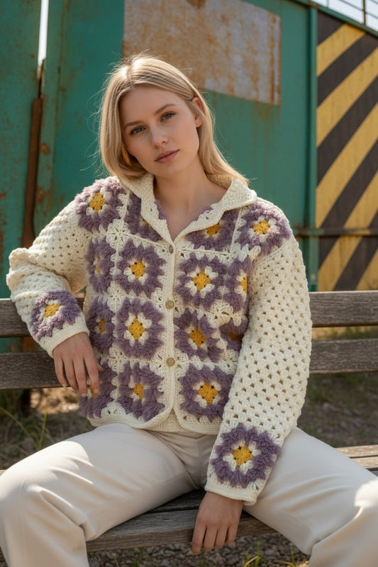 Vintage Granny Square Cardigan with Collar