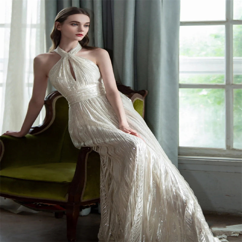 Σαμπανιζέ Χρώμα Παρουσιαστής Starry Sky Toast Ρούχα Halter Μοντέλο Πασαρέλα Επίδειξη