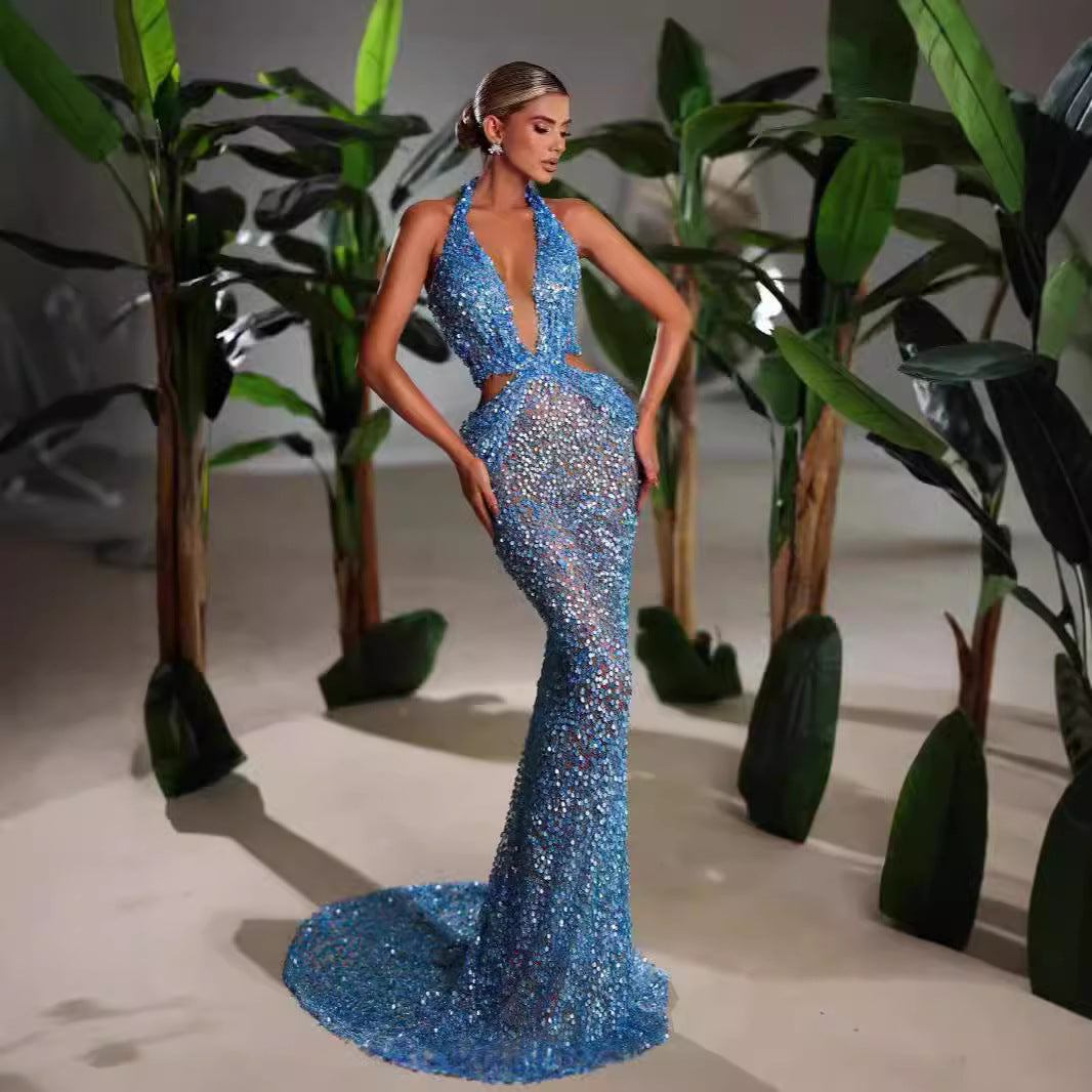 Νέο φόρεμα βραδινού αδυνατίσματος Halter Deep V-neck Slim Party Stage Hostess