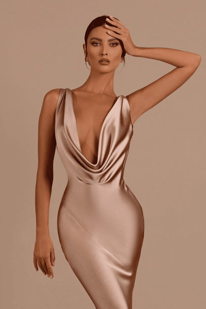 Meerjungfrauen-Brautjungfernkleider für Hochzeiten, tief ausgeschnittene Satin-Abendkleider, lange formelle Abendkleider für Damen