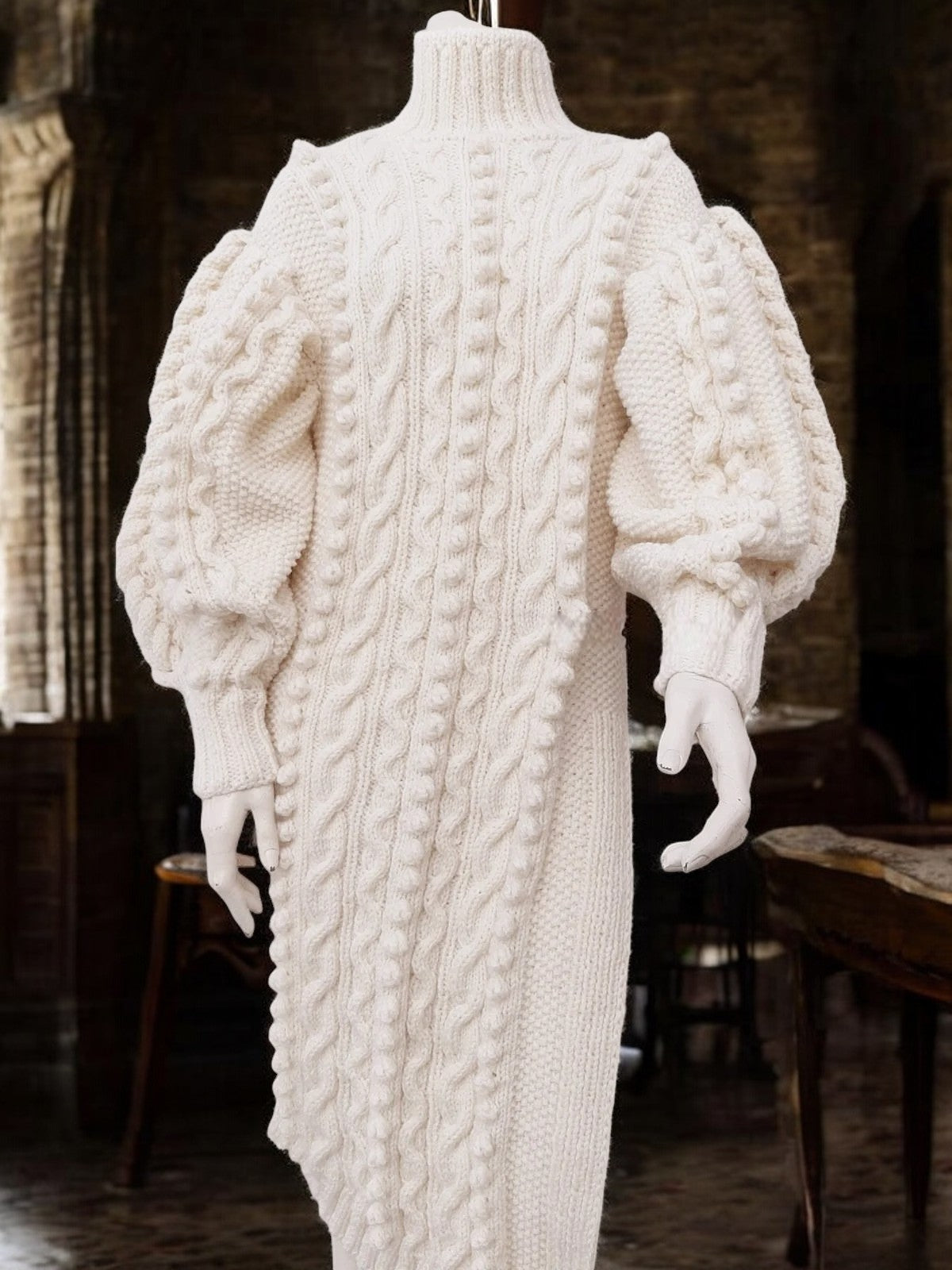 Luxury Cable Knit Turtleneck Dress , Handmade Cream Wool