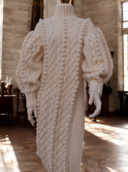 Luxury Cable Knit Turtleneck Dress , Handmade Cream Wool