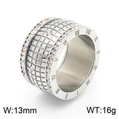 Plaid Rhinestone Neutral Roman Letter Titanium Steel Ring