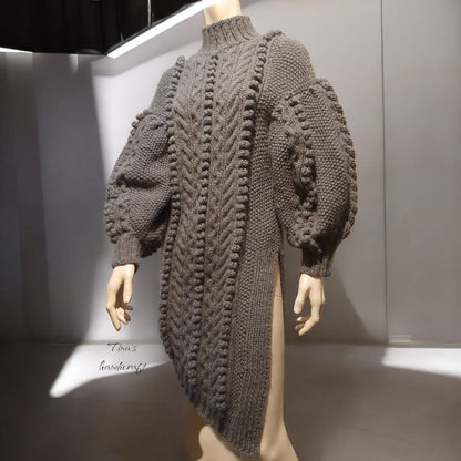 Luxury Cable Knit Turtleneck Dress , Handmade Cream Wool