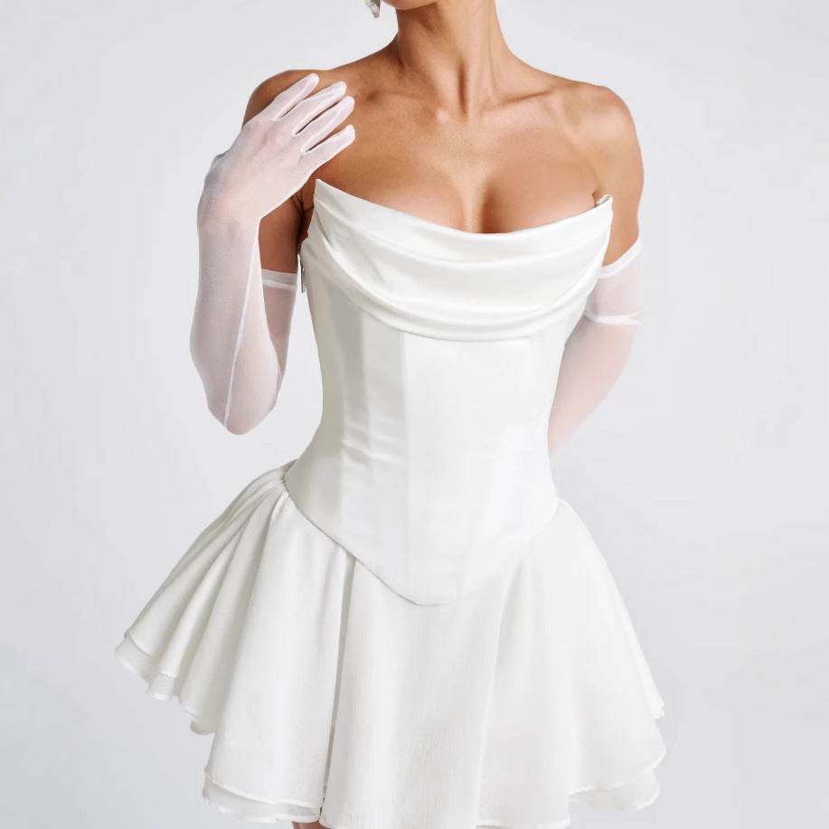 Französisches, einfarbiges Tube-Top-Kleid mit Ärmeln