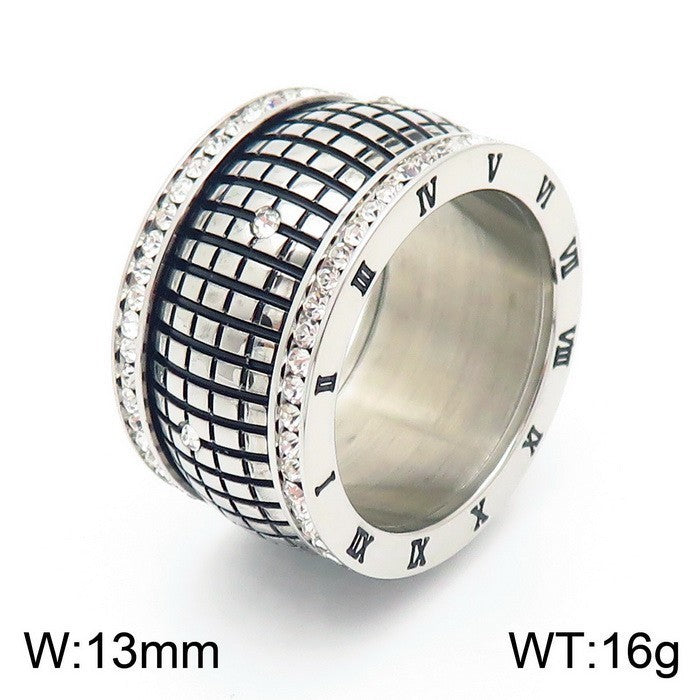 Plaid Rhinestone Neutral Roman Letter Titanium Steel Ring