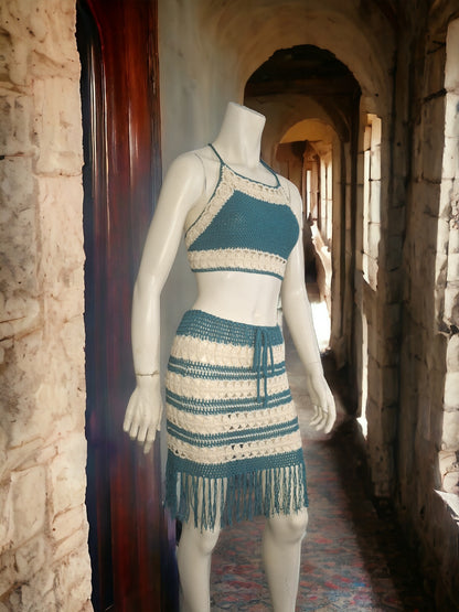 "Boho Summer Set 'Harmony' - Handmade Knit with Ecru & Petrol Shades"