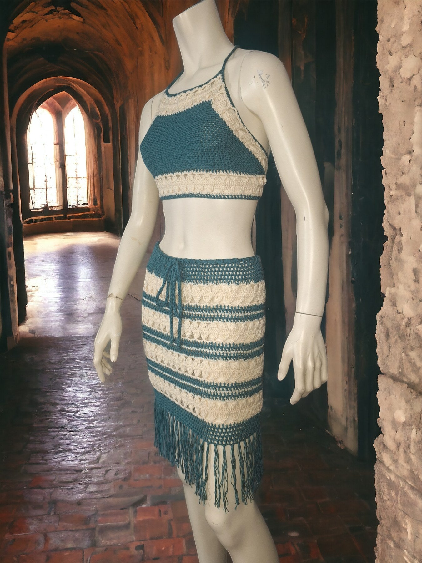 "Boho Summer Set 'Harmony' - Handmade Knit with Ecru & Petrol Shades"