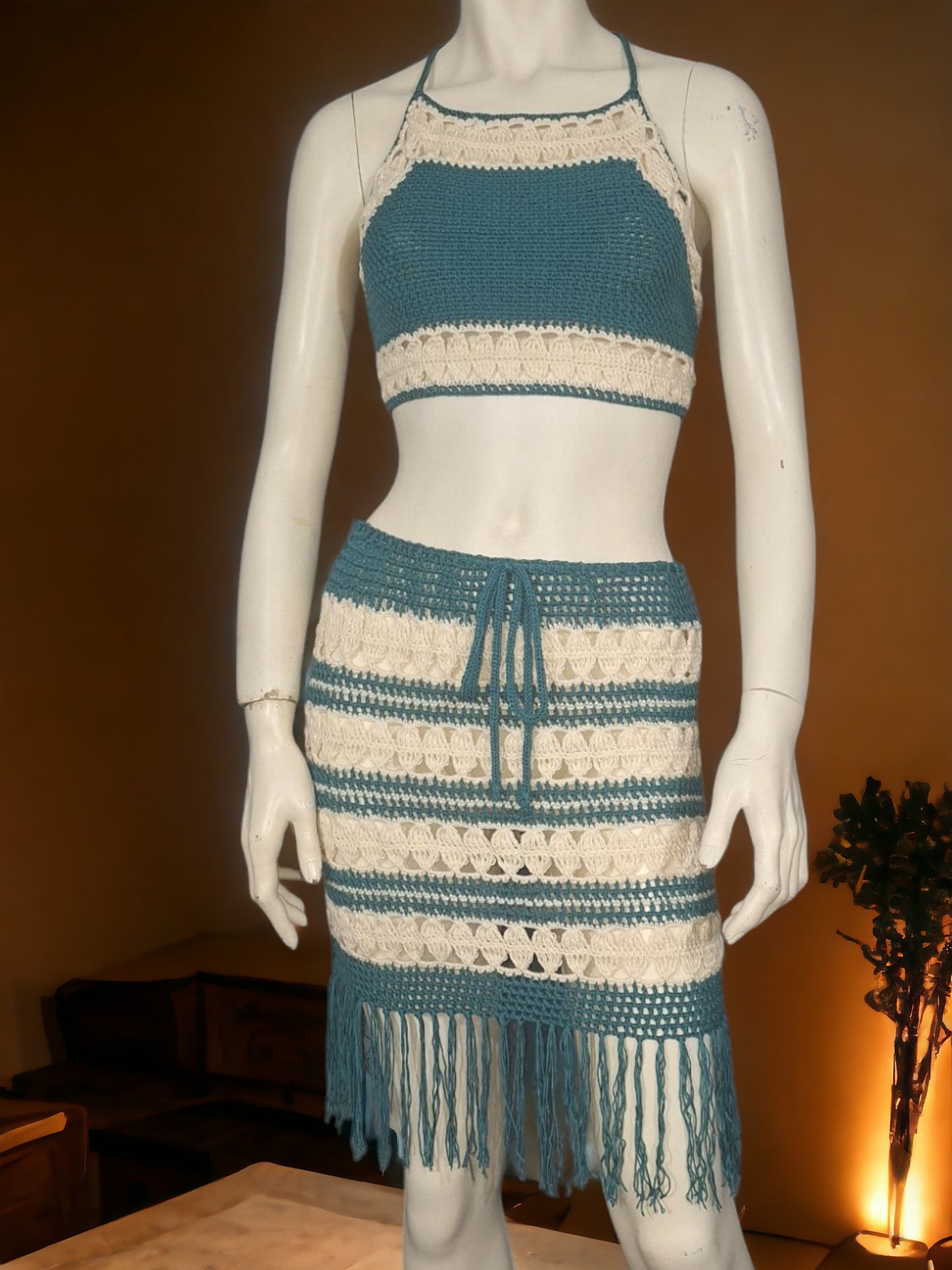 "Boho Summer Set 'Harmony' - Handmade Knit with Ecru & Petrol Shades"