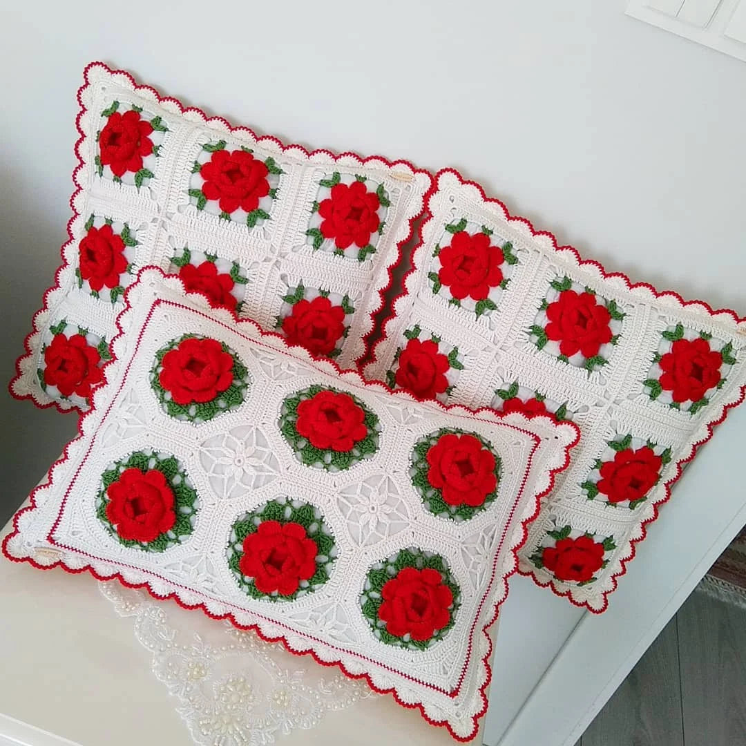 Crochet blanket granny squares motif's with flower's & cushion's