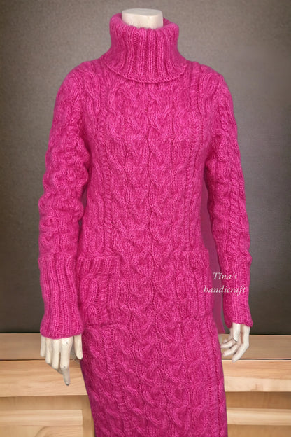 "Romantic Warmth" Long Knitted Fluffy Mohair Dress with Turtleneck