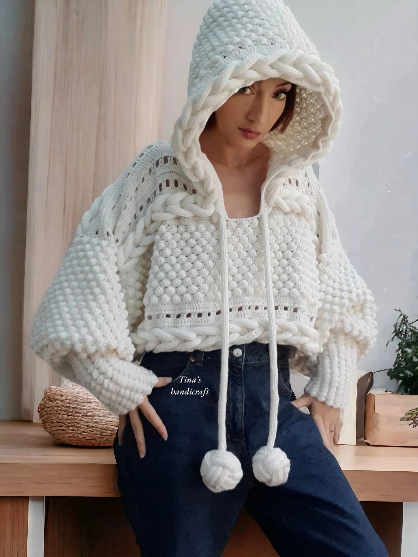 Handmade Knitted Hoodie poncho