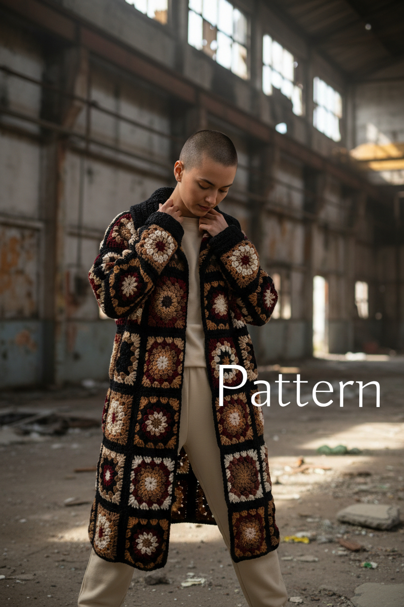 Häkelanleitung für einen langen Cardigan im Granny-Square-Stil (PDF) – Größen S–3XL