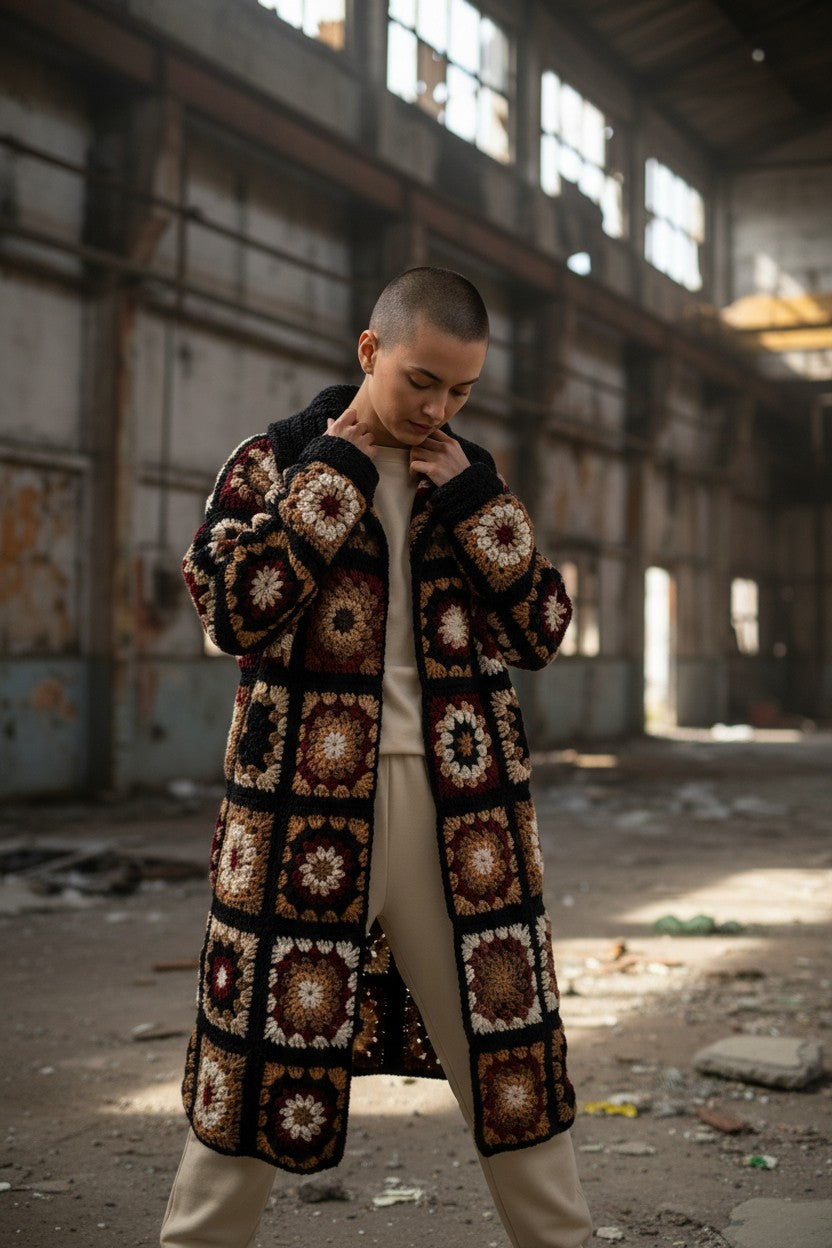 Häkelanleitung für einen langen Cardigan im Granny-Square-Stil (PDF) – Größen S–3XL