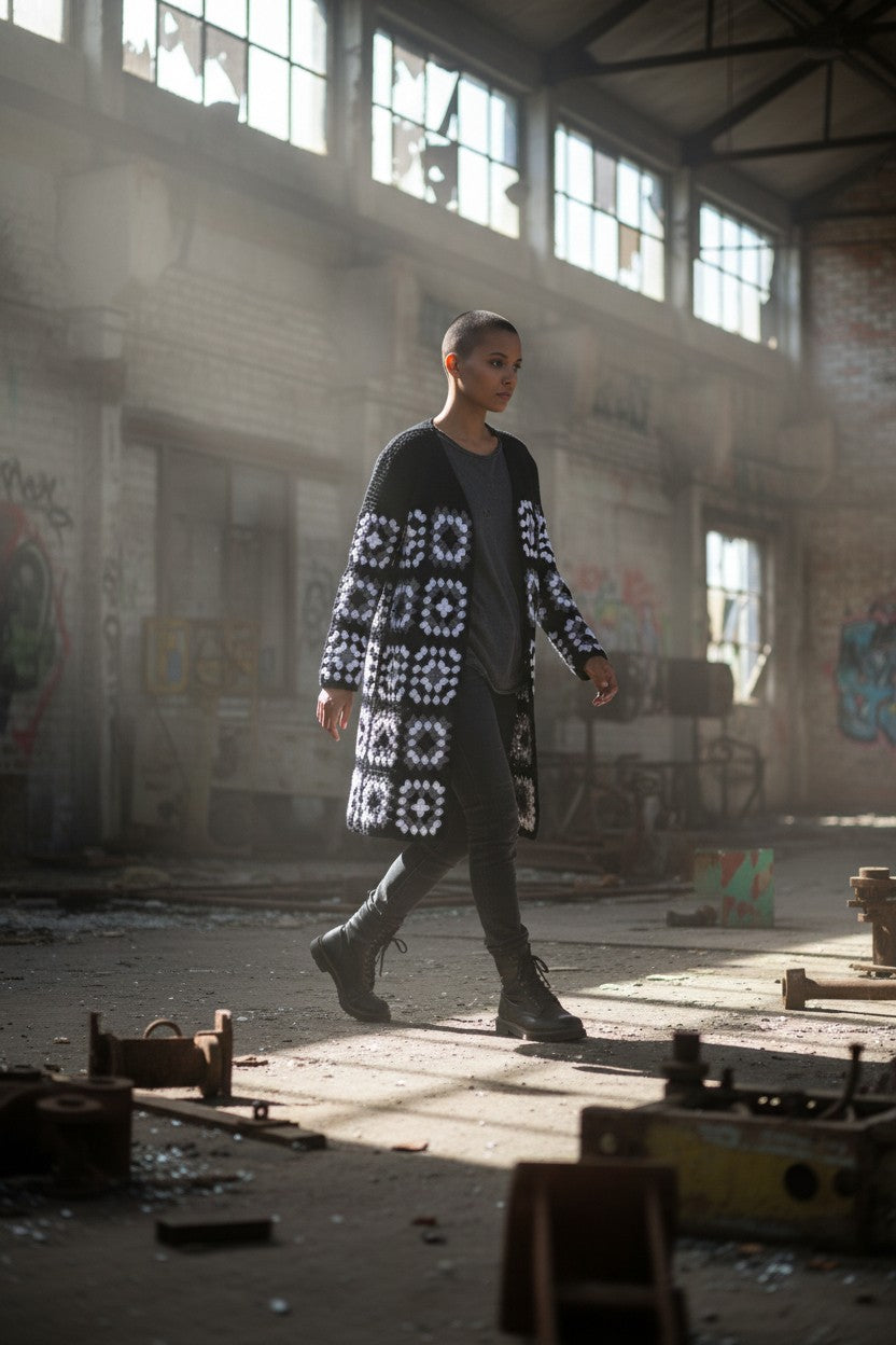 Ζακέτα με κροσέ μοτίβα τετράγωνων γιαγιάς και πλέξιμο