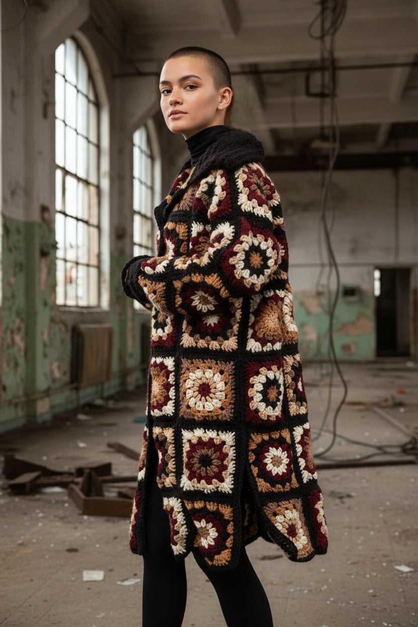 Häkelanleitung für einen langen Cardigan im Granny-Square-Stil (PDF) – Größen S–3XL