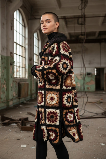 Häkelanleitung für einen langen Cardigan im Granny-Square-Stil (PDF) – Größen S–3XL