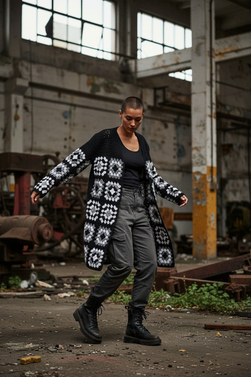 Ζακέτα με κροσέ μοτίβα τετράγωνων γιαγιάς και πλέξιμο