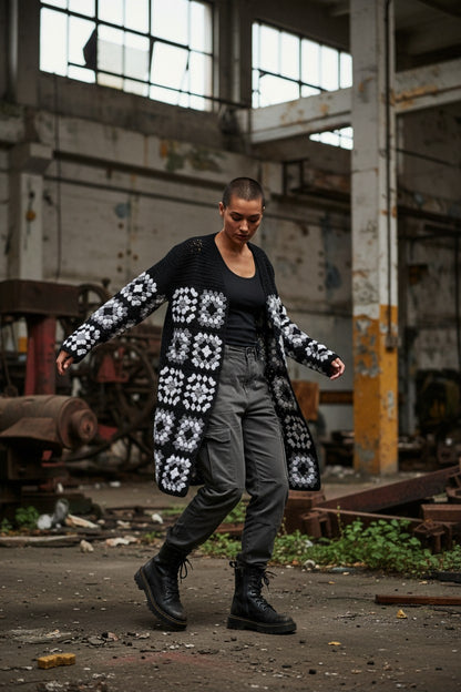 Ζακέτα με κροσέ μοτίβα τετράγωνων γιαγιάς και πλέξιμο