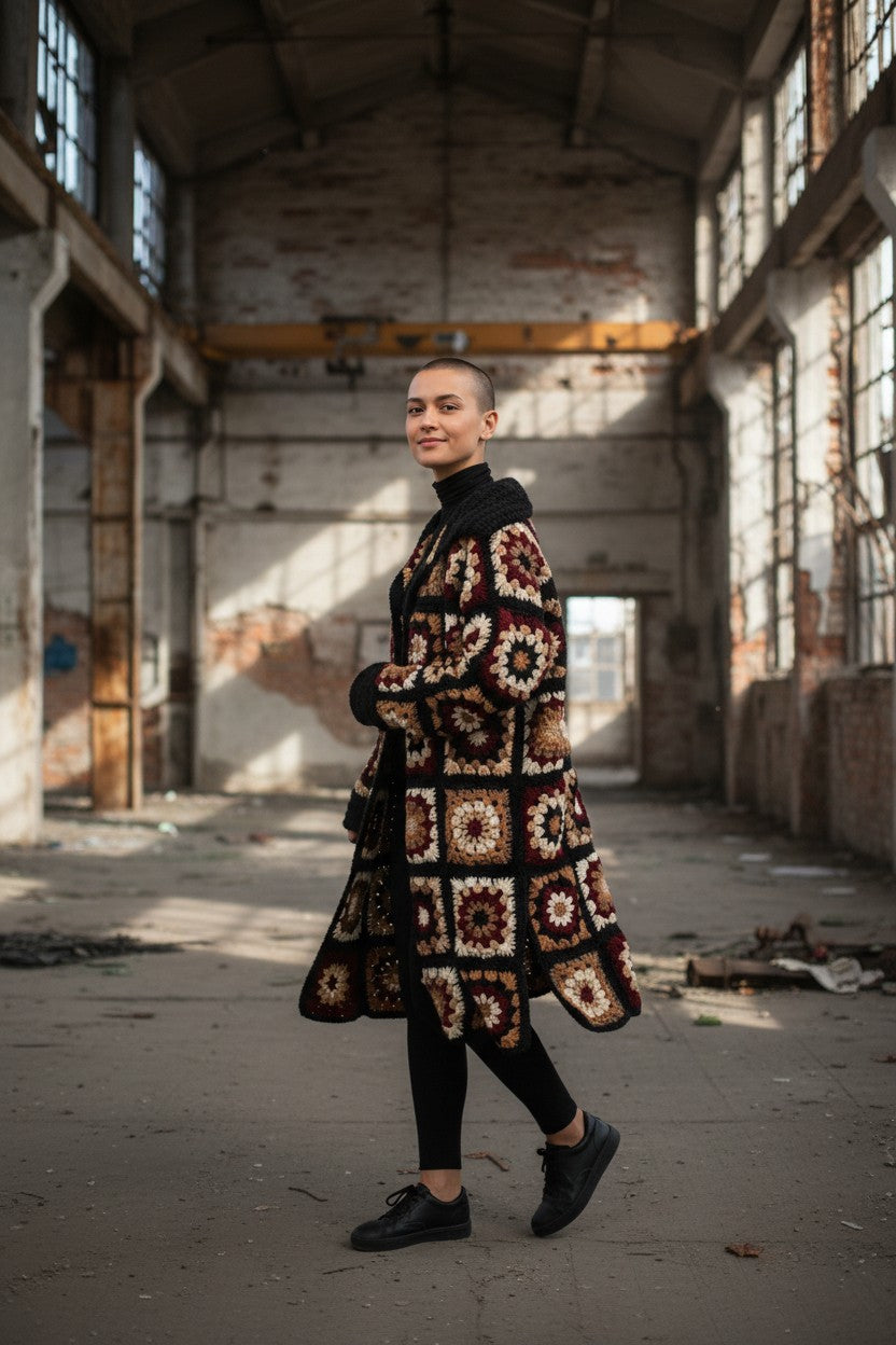 Häkelanleitung für einen langen Cardigan im Granny-Square-Stil (PDF) – Größen S–3XL