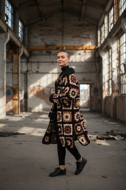 Häkelanleitung für einen langen Cardigan im Granny-Square-Stil (PDF) – Größen S–3XL