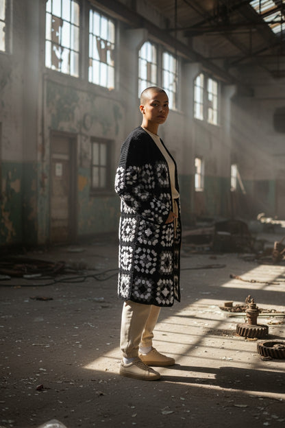 Ζακέτα με κροσέ μοτίβα τετράγωνων γιαγιάς και πλέξιμο